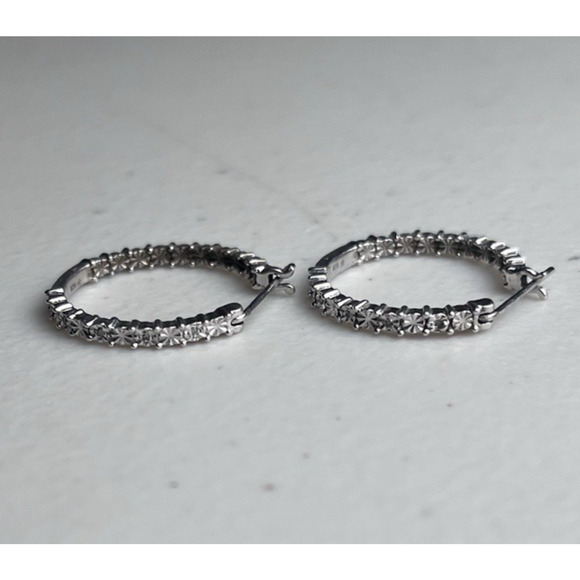 Sterling Silver 925 Hoop Earrings Hinged Latch Back Textured Starburst Dainty - Picture 7 of 11